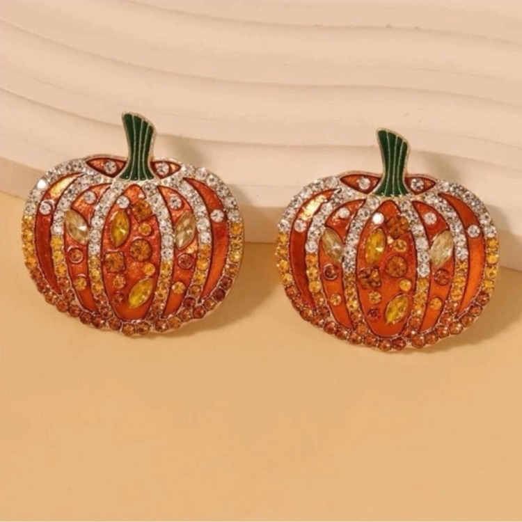 14k Gold Plated Crystalpumpkinearrings New 45$